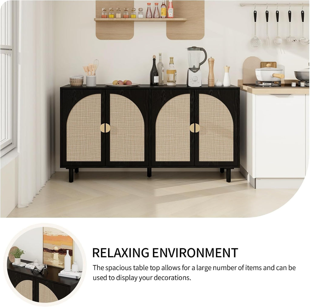 Black 4-Door Rattan Buffet Cabinet-Sideboard Buffet Cabinet with Storage, Accent Sideboard Cabinets-Wood Credenza with Cane Door, Boho Style Console Table for Dining Room & Living Room