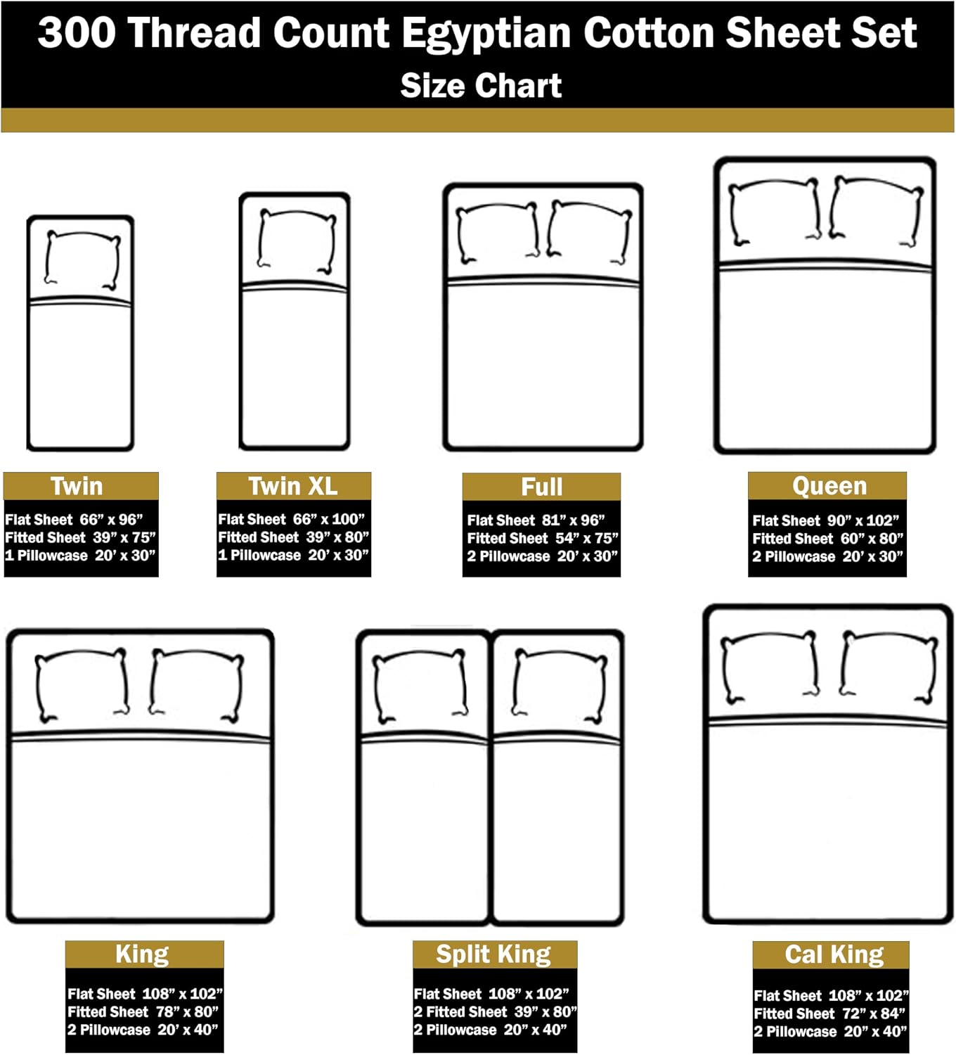 Superior 300 Thread Count Egyptian Cotton Sheet Set, 2 Fitted Sheets, Flat Sheet, 2 Pillowcases, Split King, Black