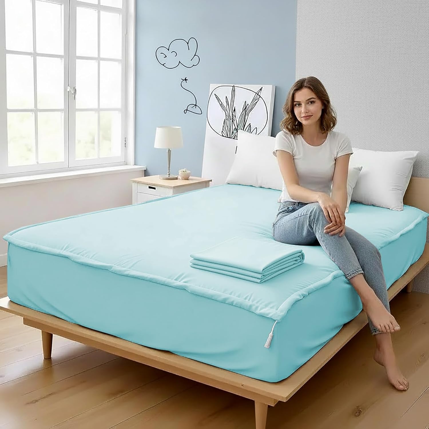 Zipper Fitted Sheet - Includes 1 Fitted Sheet Base & 2 Zip-On Sheets - Upto 16' in. Deep Pockets Queen Size Zipper Fitted Sheet - Easy to Change, Sateen Cotton 600 TC Fitted Sheet - Aqua Blue