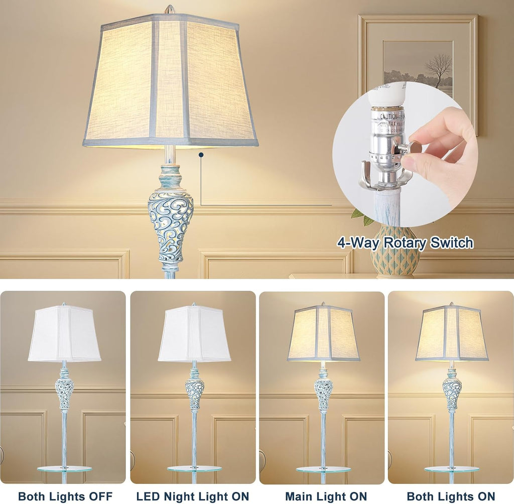 Vintage Floor Lamp with Night Light and Glass Tray, 65' High Retro Standing Lamp with Washed Blue Finish and White Linen Shade, Farmhouse Tall Lamp Decor for Living Room Bedroom House (Bulb Included)