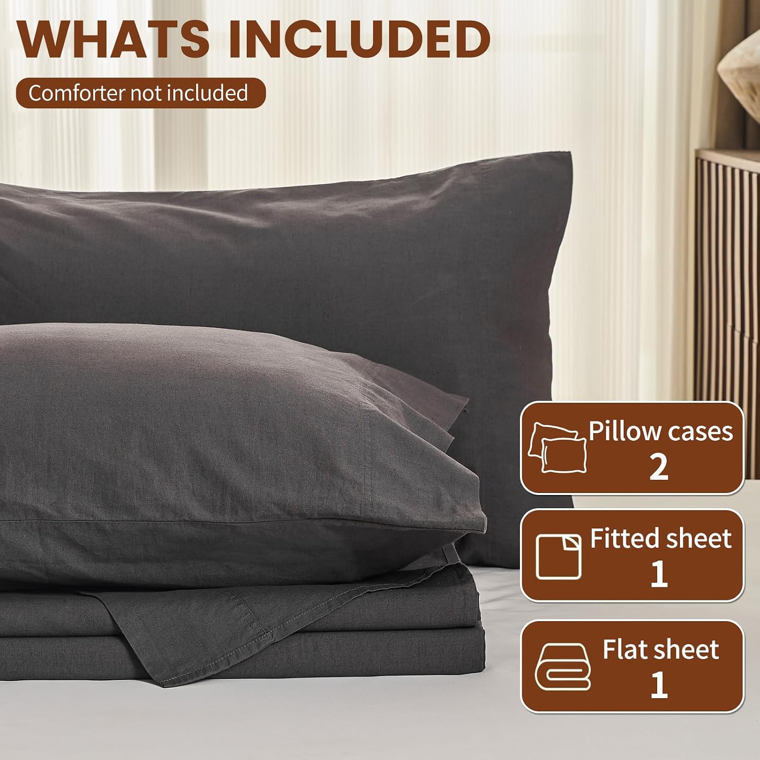 100% Linen Sheets Queen Size,Breathable & Durable 4-Piece Bed Flax Sheet Set,Soft All-Season Bedding for Hot Sleepers 16' Deep Pocket Oeko-TEX Certified,（Queen, Dark Grey）