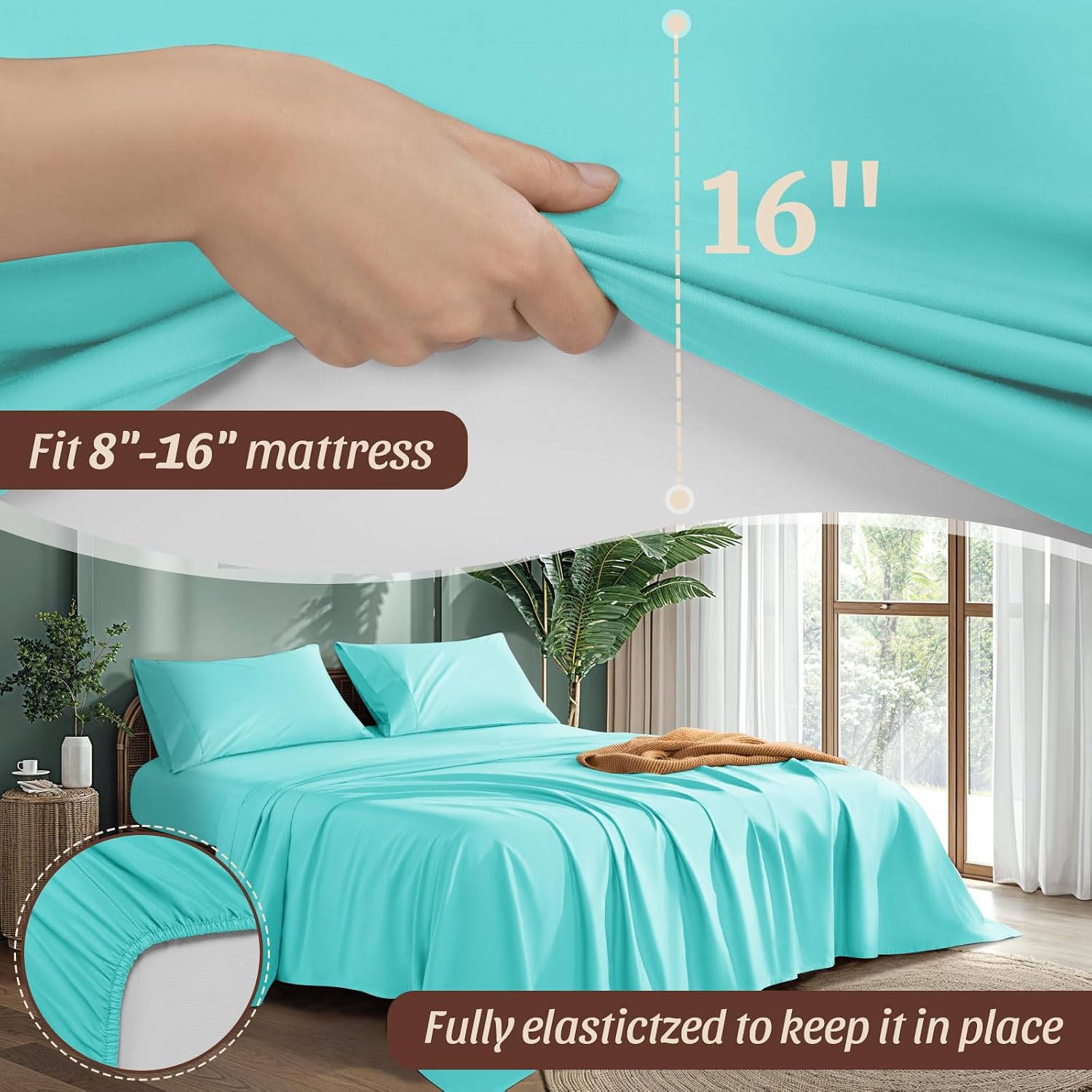 100% Cotton 1200 Thread Count Sheets Set Bedding Sets,Bed Sheet 4 Piece Sets,16 inches Deep Pocket (Lake Green, Queen)