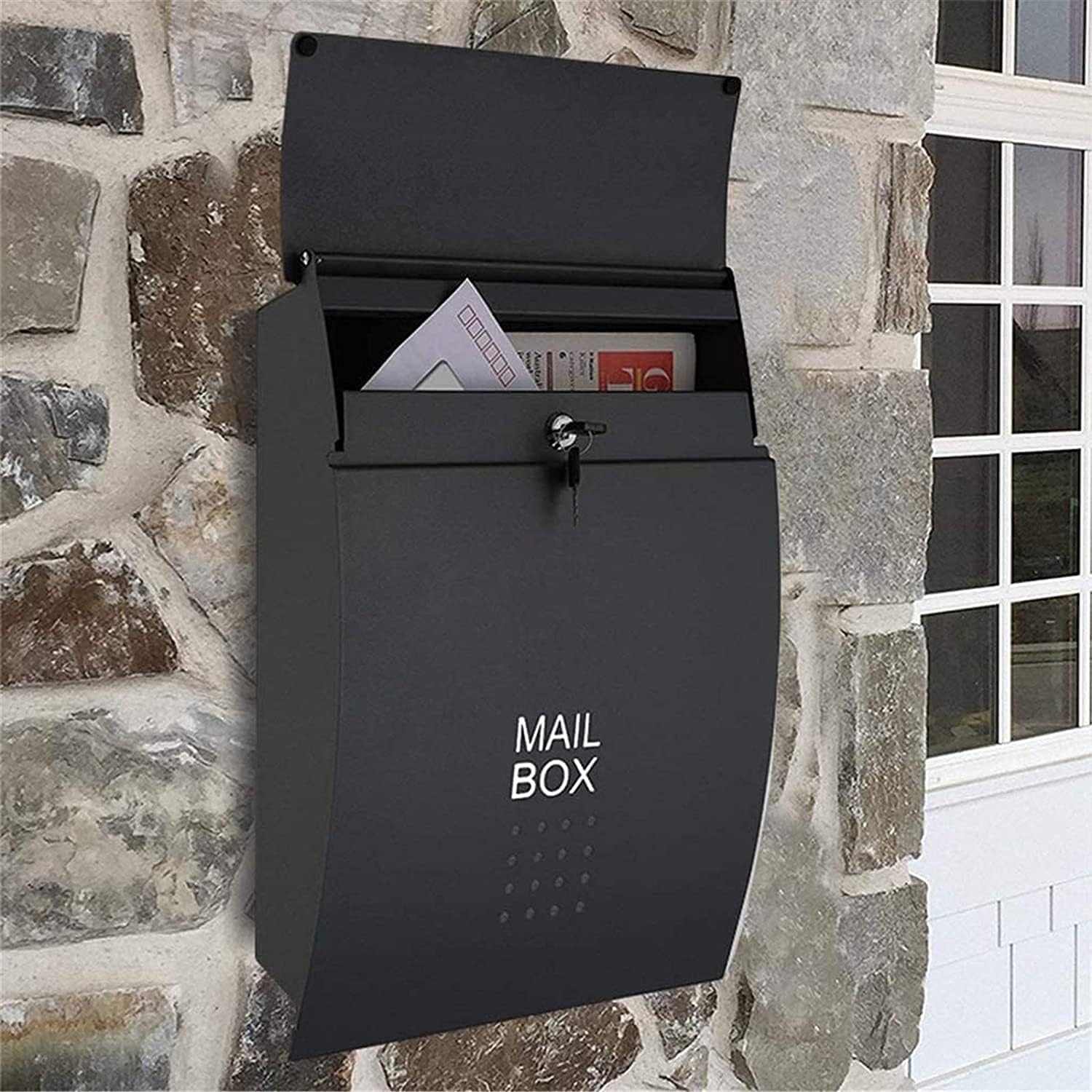 Wall-Mount Mailboxes Modern Villa Metal Mail Box ，Outdoor Rainproof Wall-Mounted Mailbox Household Large Magazine Postbox with Lock and Keys (Color : Black, Size : 32 * 10.5 * 45.5cm)