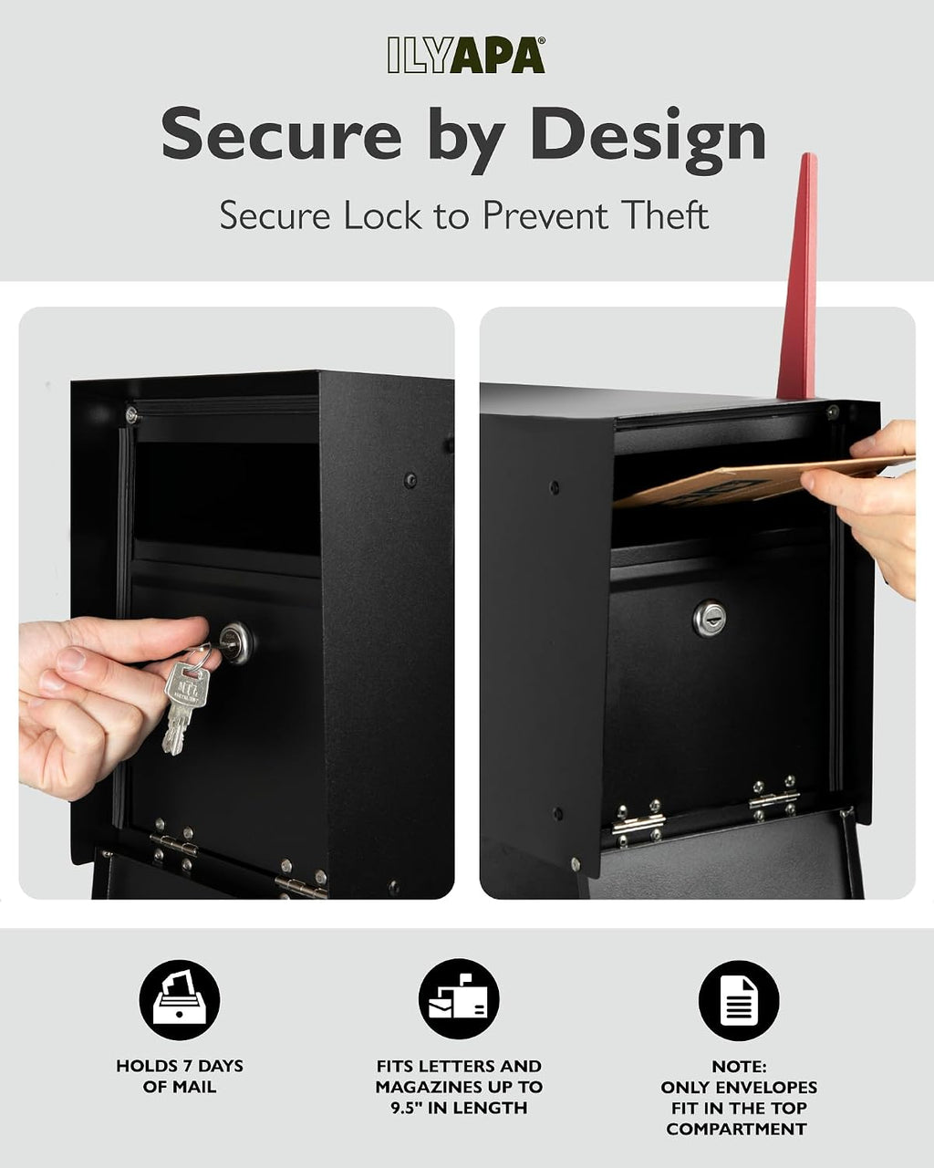 Ilyapa Locking Mailbox with Lock and Key Modern Mailboxes for Outside Post Mount - Black Powder Coated Steel, All Weather & Corrosion Resistant, Stainless Steel, Tab