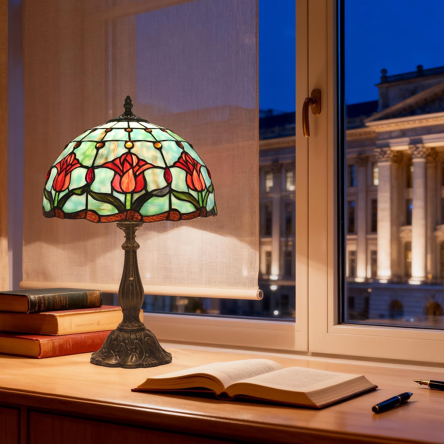 Stained Glass Tulip Table Lamp, Vintage Tiffany Style Reading Light, 12x12x19 Inch Antique Art Glass Desk Lamp for Home Office Bedroom Decor