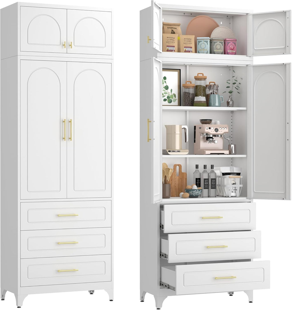 90' Tall Kitchen Pantry Cabinet,Metal Storage Cabinet with Doors and Adjustable Shelves,Modern Kitchen Hutch Cabinets,Freestanding Cupboard for Dining Room