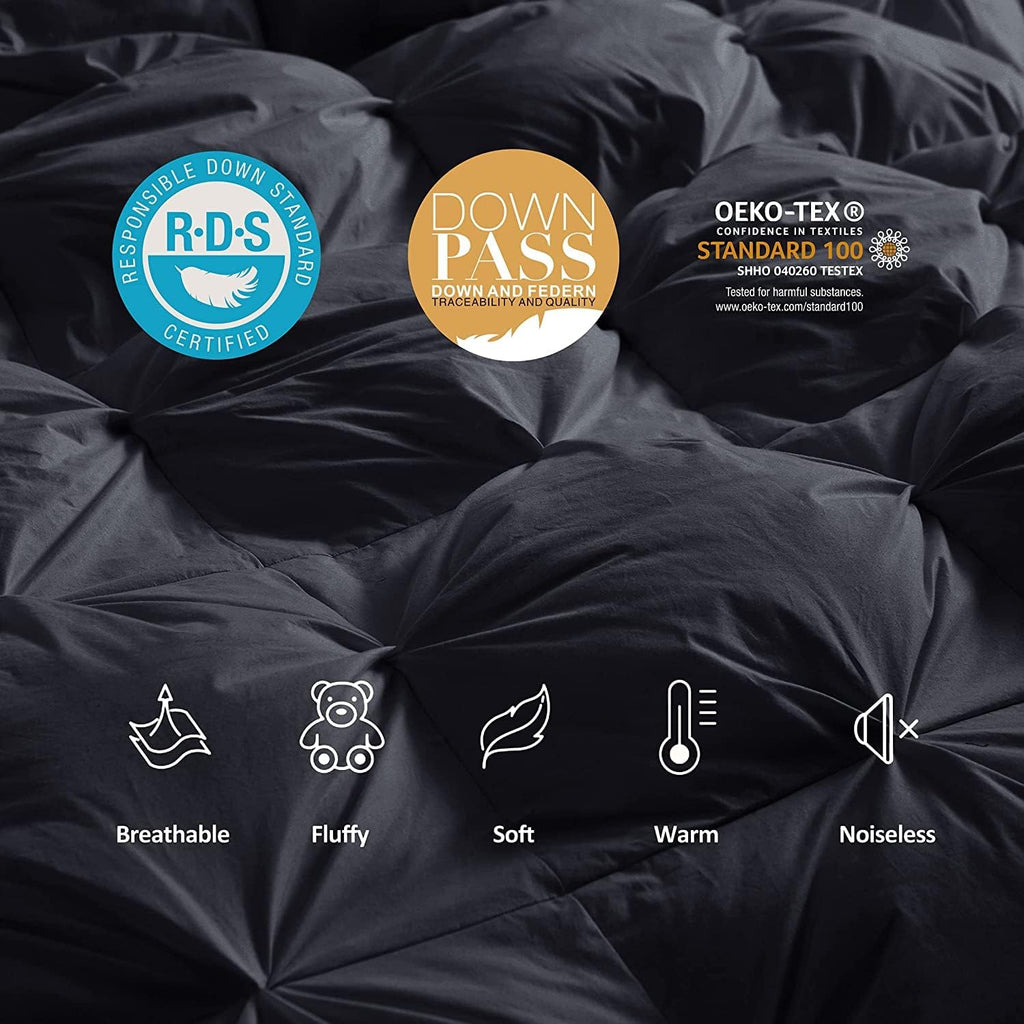 Luxurious Full/Queen Goose Down Comforter, Unique Black Pinch Pleat, 600 Thread Count, 100% Egyptian Cotton Cover, 70 Oz Fill Weight, 750 Fill Power