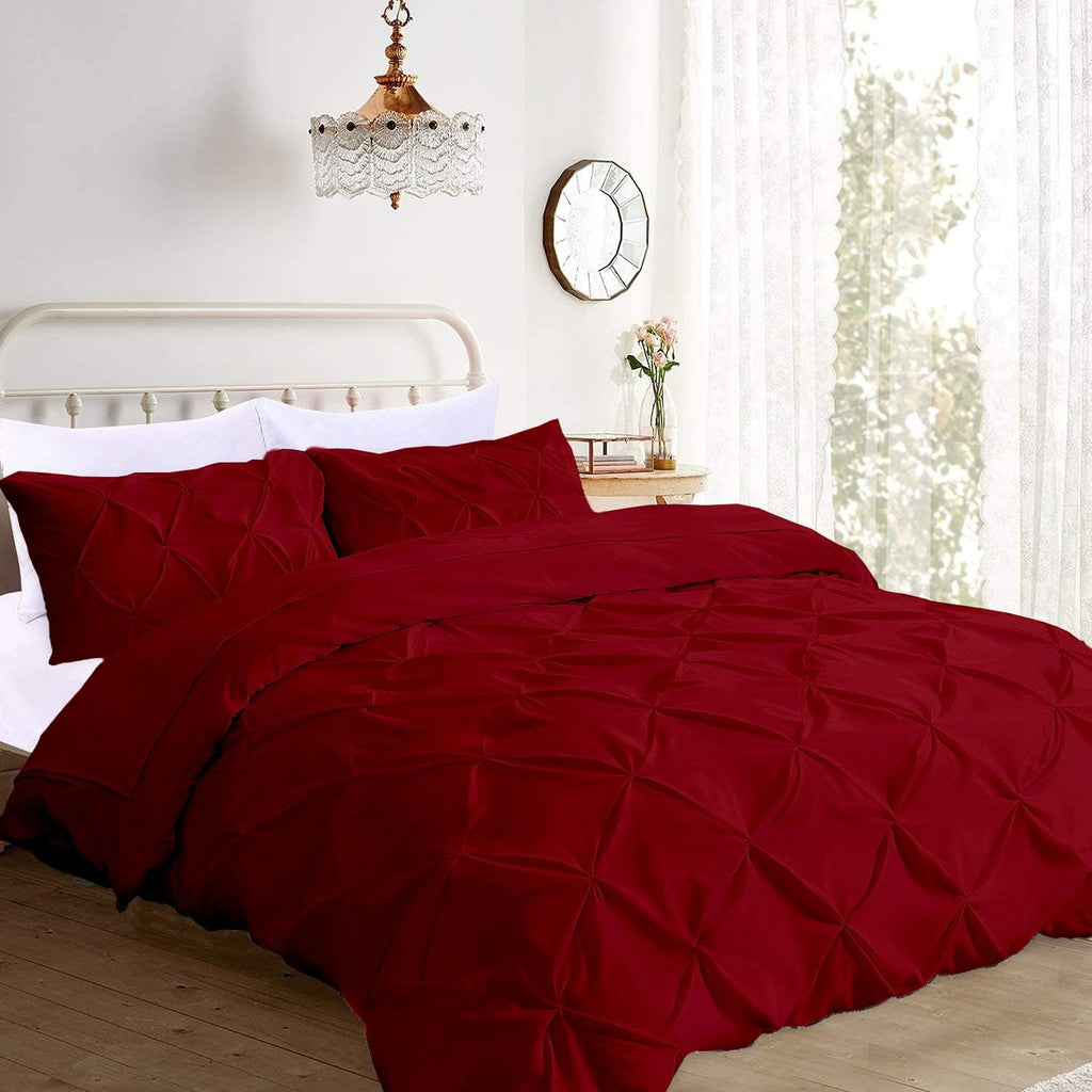Pinch Pleated 3pc Duvet Cover Set 100% Egyptian Cotton 1000-TC Zipper & Corner Ties Rectangle Pattern Decorative Pintuck (All Queen 90x90 Size, Burgundys)