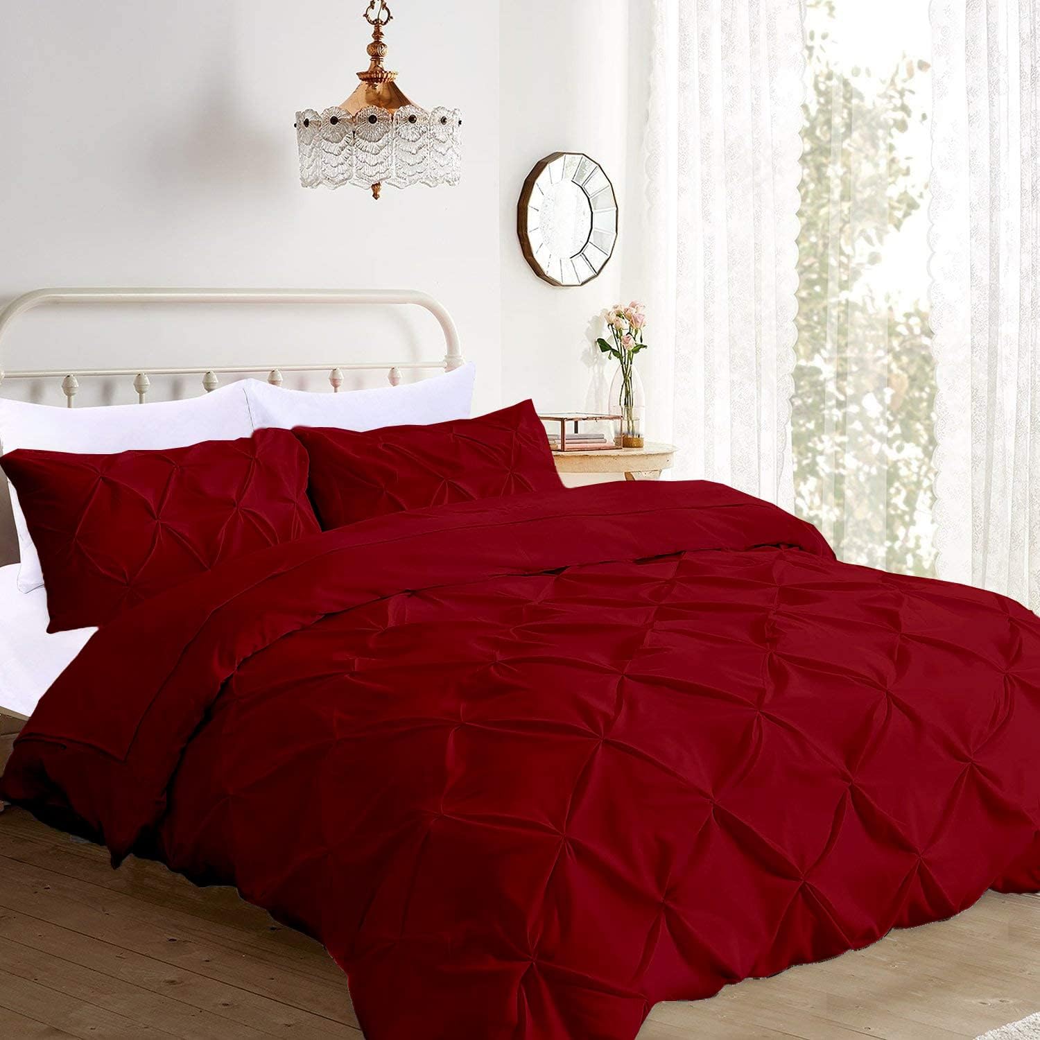 Pinch Pleated 3pc Duvet Cover Set 100% Egyptian Cotton 1000-TC Zipper & Corner Ties Rectangle Pattern Decorative Pintuck (All Queen 90x90 Size, Burgundys)