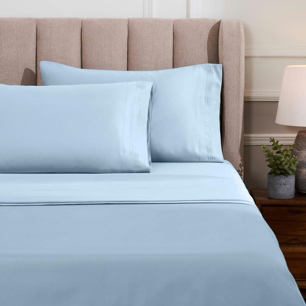 Superior Egyptian Cotton 4 Piece Sheet Set, Luxury 1000 Thread Count, Modern Design, Sustainable Sheets, Ultra-Soft Basics, Solid, Deep Pocket Fitted Sheet, Flat Sheet, Pillowcases, Full, Light Blue