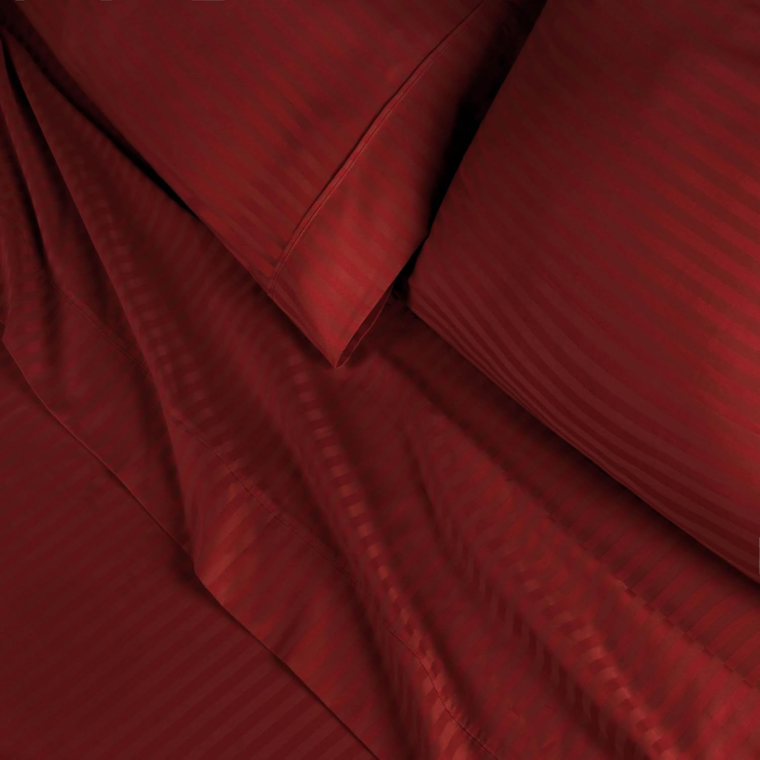 Superior Egyptian Cotton 300 Thread Count Bed Sheet Set, 2 Elastic Deep Pocket Fitted Sheets, 1 Flat Sheet, 2 Pillowcases, Daily Sheets, Luxury Home Essentials, Striped, Split King, Burgundy