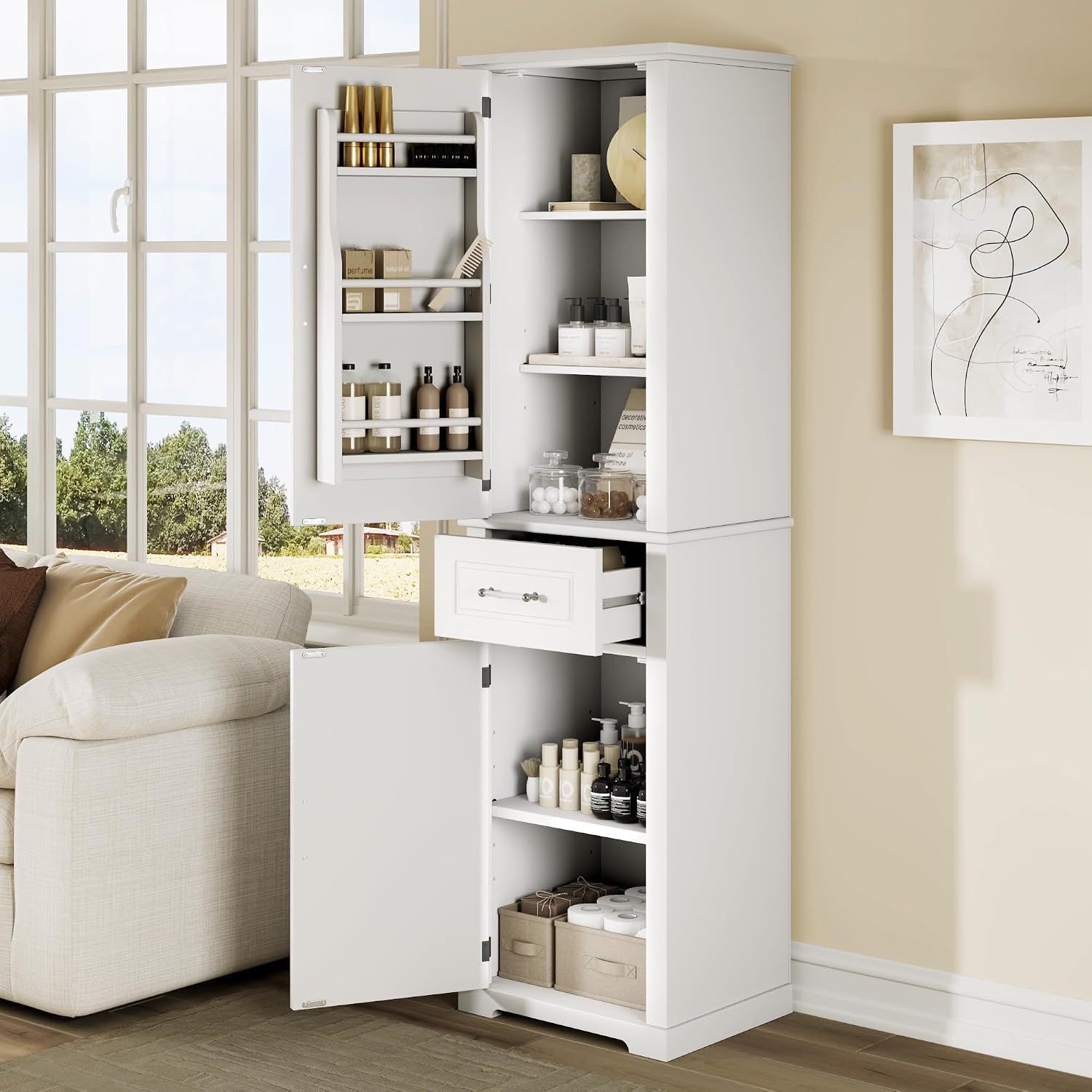 Tall Bathroom Storage Cabinet, Freestanding Bathroom Accent Storage Cabinet with Doors & Adjustable Shelves & Built-in Door Shelve for Home Kitchen, Living Room (White Style3)