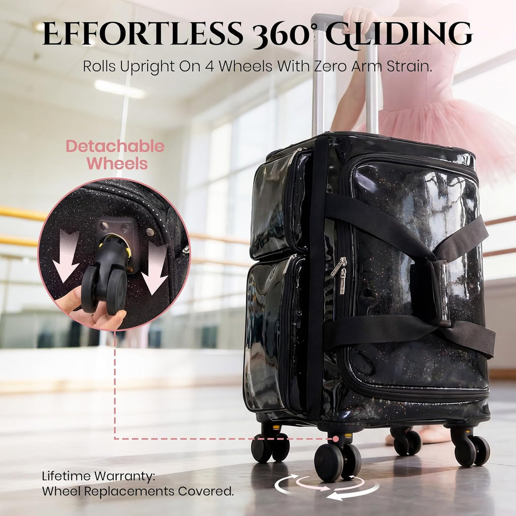 Fanwoli 23' Rolling Dance Duffel Bag with Garment Rack | Detachable 4-Spinner Wheels | Waterproof Glitter Fabric | Competition Travel Luggage for Cheerleader, Skating, Gymnast & Sleepover | Black