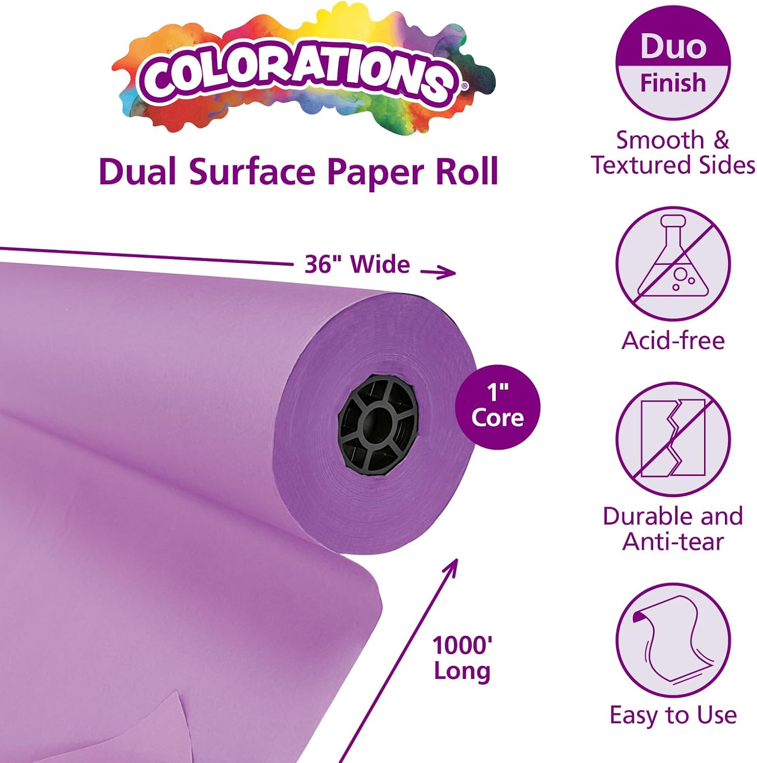 Colorations Dual Surface Paper Roll, Purple, 36' x 1000', Textured Paper, Classroom Craft & Art Supplies, Bulletin Board, Gift Wrapping, Chalkboard Wallpaper