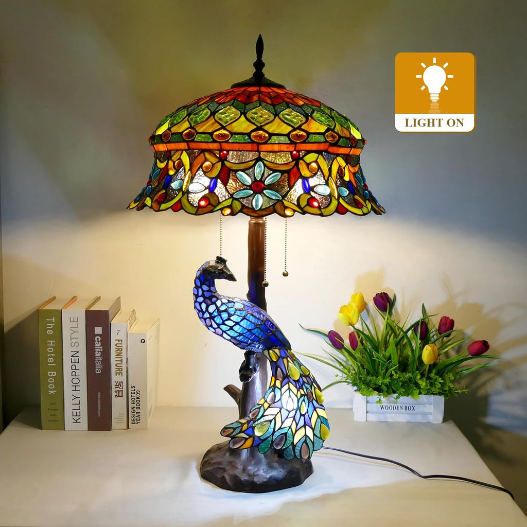 Tiffany Style Table Lamp Peacock Flower Style Handmade Stained Glass Lamp 18 Inch Wide 31 Inch Tall Vintage Desk Light Large Table Lamp for Bedroom Living Room Home Office Decoration
