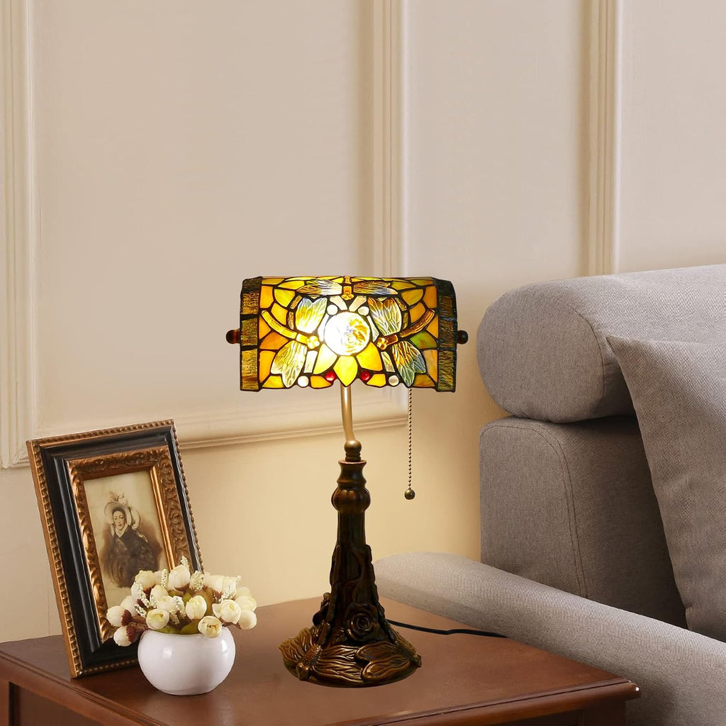 Rose Flower Dragonfly Bankers Lamp Antique Desk Lamps Stained Glass Banker Table Lamp with Pull Chain, Vintage Desk Lamp for Home Office, with Color Changing LED Bulb