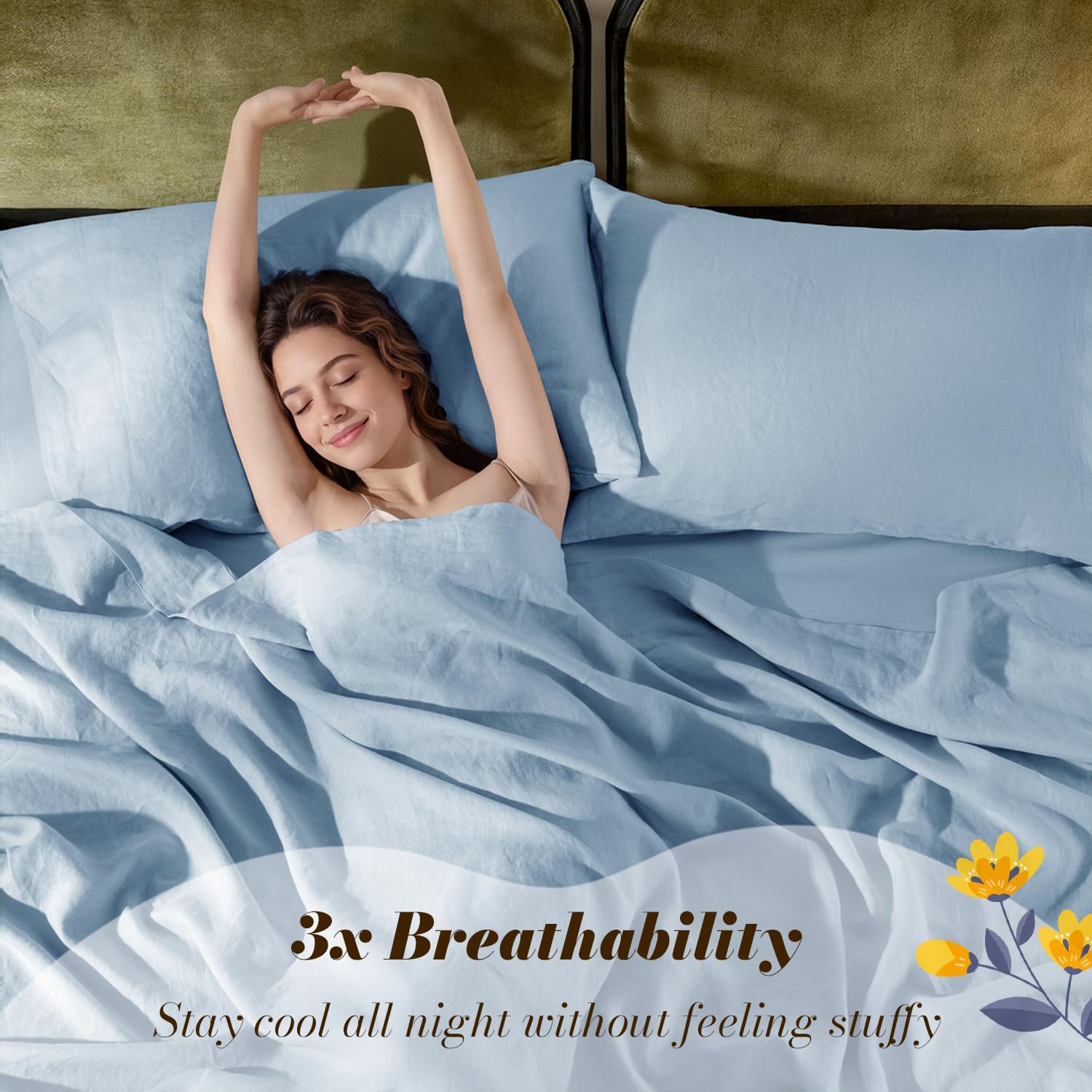 SONORO KATE 100% French Pure Linen Sheets, Breathable and Durable Queen Size Sheets, 16 Inch Deep Pocket - 4 Piece (Dusty Blue)