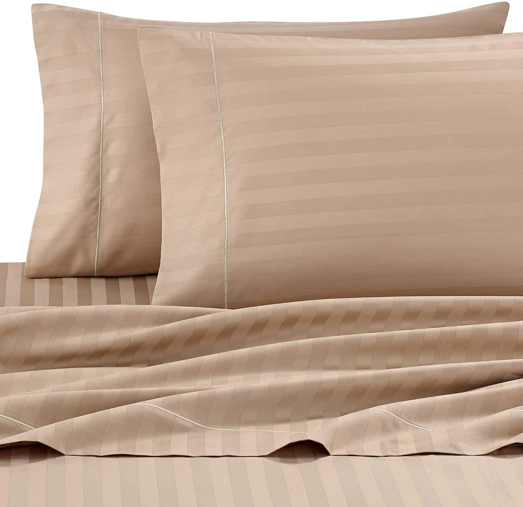 Luxury 1800 Thread Count Heavy Egyptian Cotton 4-PCs Sheet Set Fits Mattress 21-24'' Fully Elastic Deep Pocket (Queen Size) (Stripe, Beige)