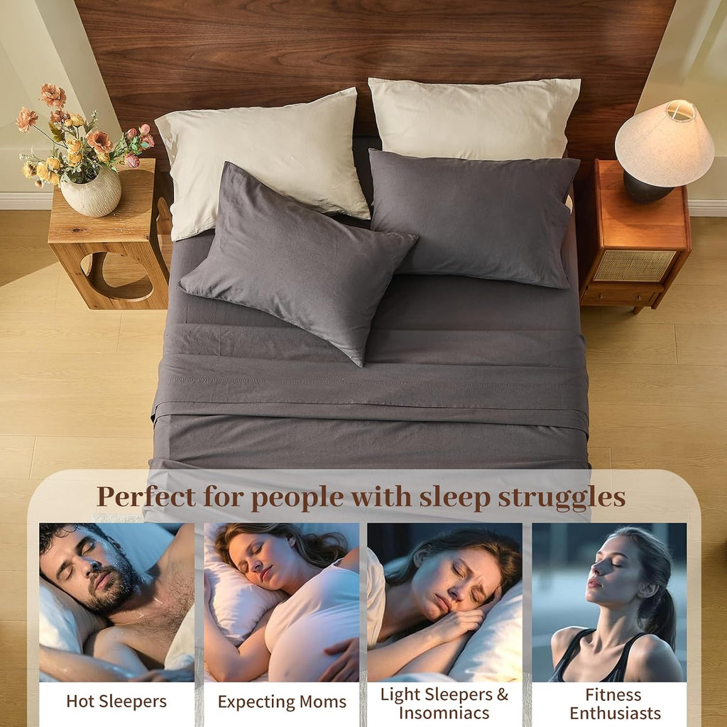 MEISHANG 100% French Pure Linen Sheets Queen Size - Bed Sheets 4 Piece Sets, Soft Durable Flax Linen, Anti-Tear Breathable Oeko-Tex Certified with 16' Deep Pocket (Dark Grey)