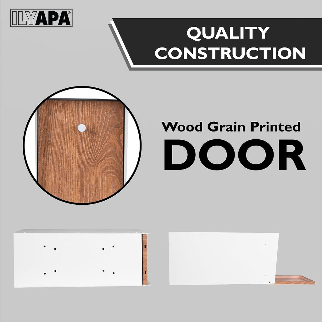 Ilyapa Post Mount Modern Mailbox - White Exterior Powder Coated & Hydro Print Ash Wood Grain Printed Door, Letterbox with Recessed Magnetic Close Door