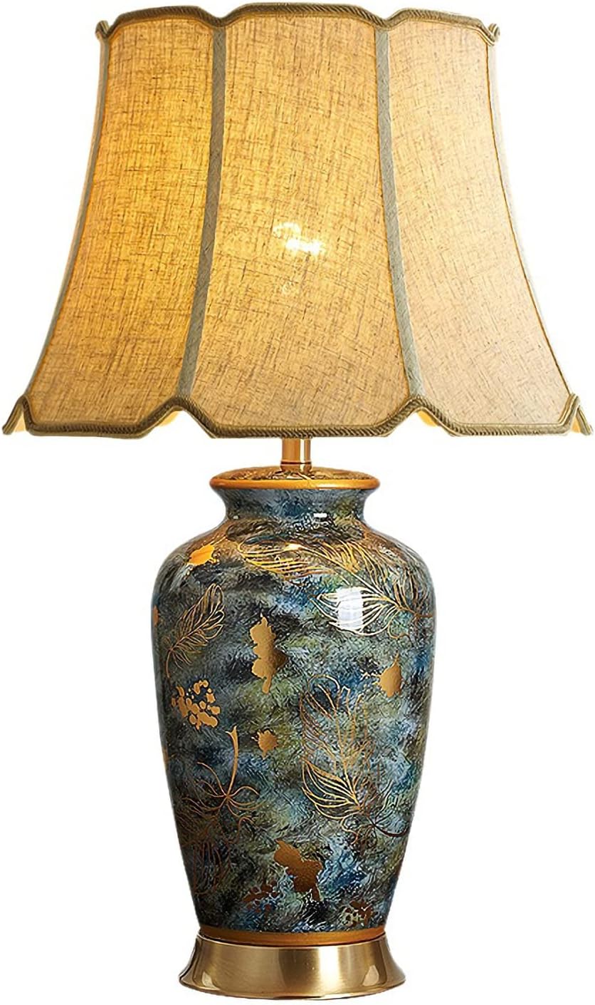 Blue Hand-Painted Ceramic Table Lamp Gold Flower Beside Lamps American Halo Ceramic Lamp Body with Fabric lampshade Nightstand for Living Room Bedroom Home Office