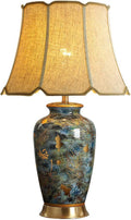 Blue Hand-Painted Ceramic Table Lamp Gold Flower Beside Lamps American Halo Ceramic Lamp Body with Fabric lampshade Nightstand for Living Room Bedroom Home Office