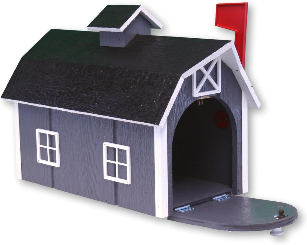 Deluxe Wooden Mailbox, Post Mount, Dutch Barn Style (Dark Gray and White)
