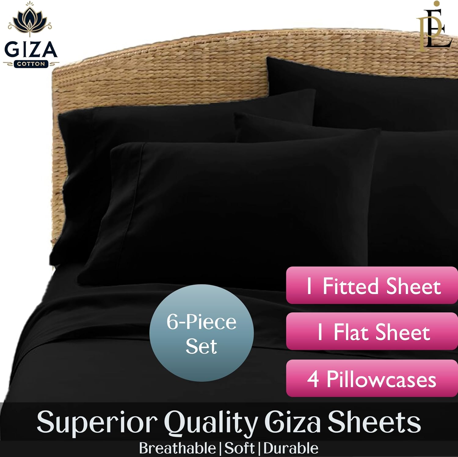 100% Giza Cotton, 1000 Thread Count, 6-PC Bed Sheet Set [Queen Size, Black Color] 18 inches Deep Pockets, Long Staple Cotton Breathable Soft Silky Sateen Weave