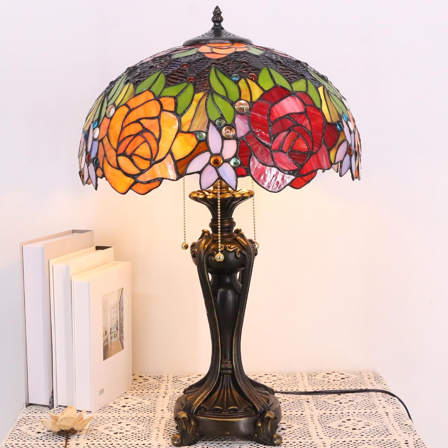 Large Tiffany Lamp Shade Replacement Only 16Inch Stained Glass Lampshade Fit For Table Lamps FLoor Lamp Ceiling Fixture Pendant Hanging Light Home Office Decoration (Red Yellow Roses)