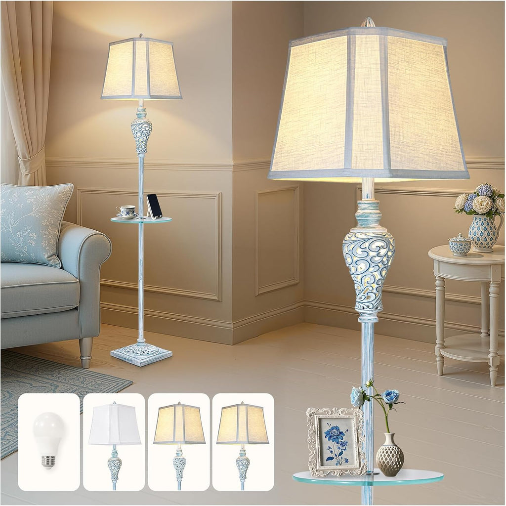 Vintage Floor Lamp with Night Light and Glass Tray, 65' High Retro Standing Lamp with Washed Blue Finish and White Linen Shade, Farmhouse Tall Lamp Decor for Living Room Bedroom House (Bulb Included)