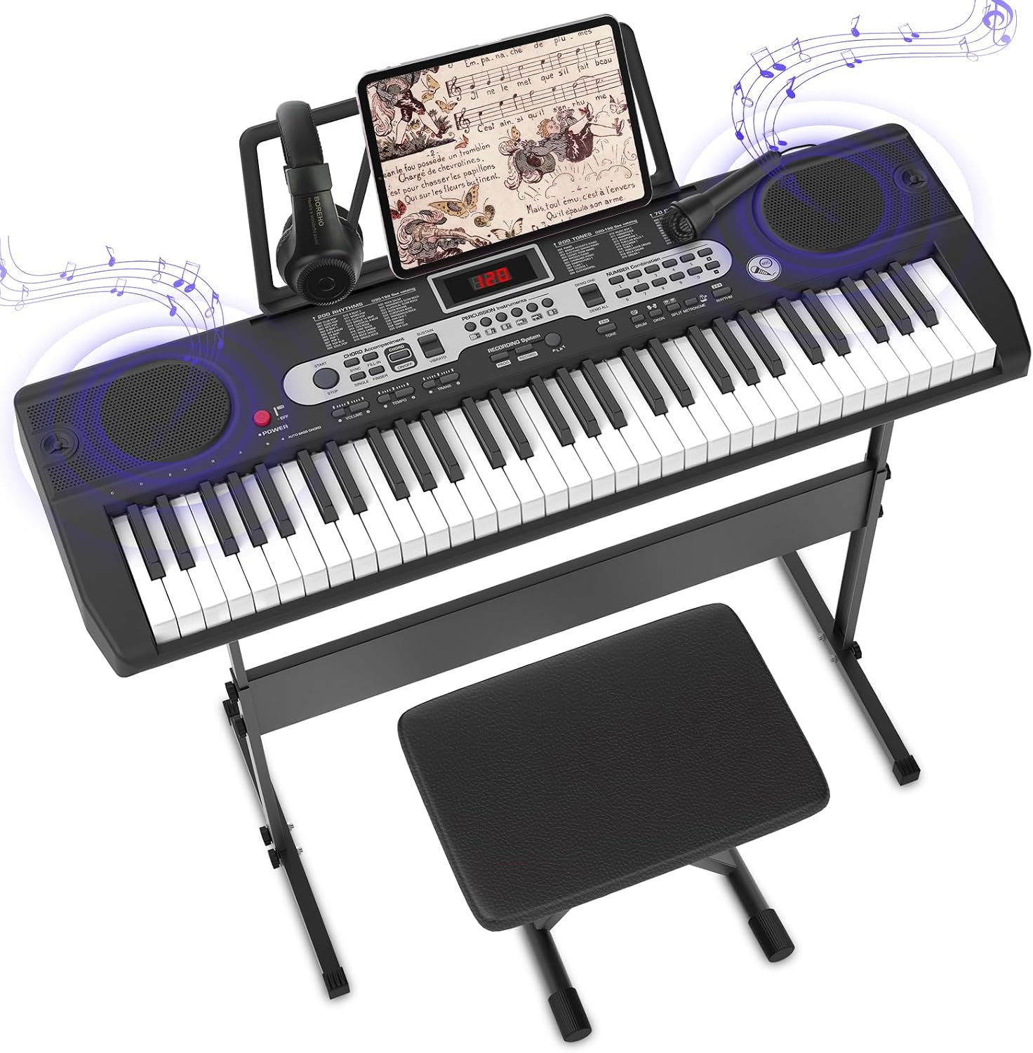 Fenbeli 61 Key Keyboard Piano for Beginners, Electric Piano Keyboard with Stand and Bench, Microphone, Headphone, Sheet Music Stand, LED Screen, 200 Tones, Teaching Mode, Holiday Gift