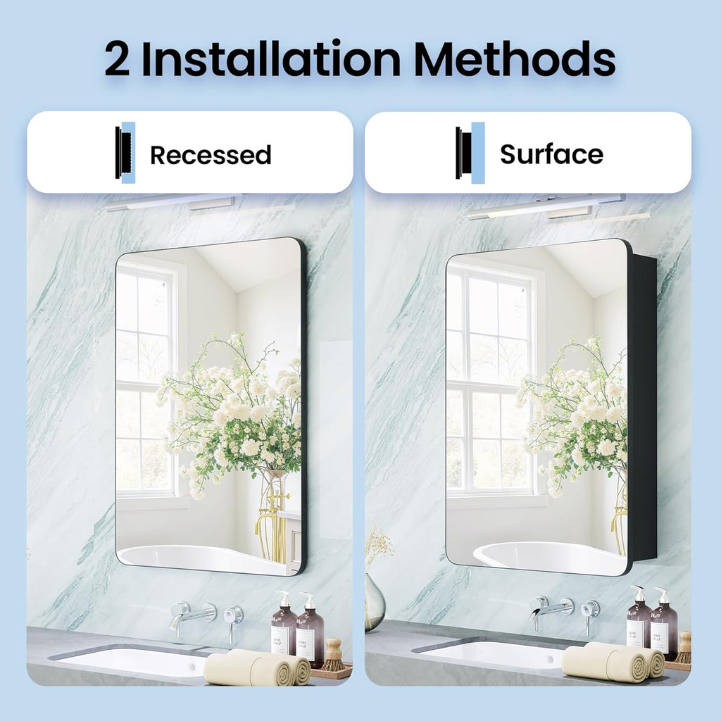 Modern Bathroom Mirror with Storage 16x24 Inch, Matte Black Aluminum Medicine Cabinet, Recessed or Surface Mount, 6 Adjustable Glass Shelves, Waterproof Vanity Organizer, DTC Hinges