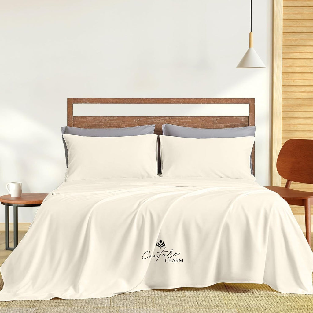 Queen Size 1000 Thread Count 100% Egyptian Cotton Sheet Set, 4-Piece, Sateen Weave, with 10-12' Inches Deep Pocket Snug Fit (Solid, Ivory)