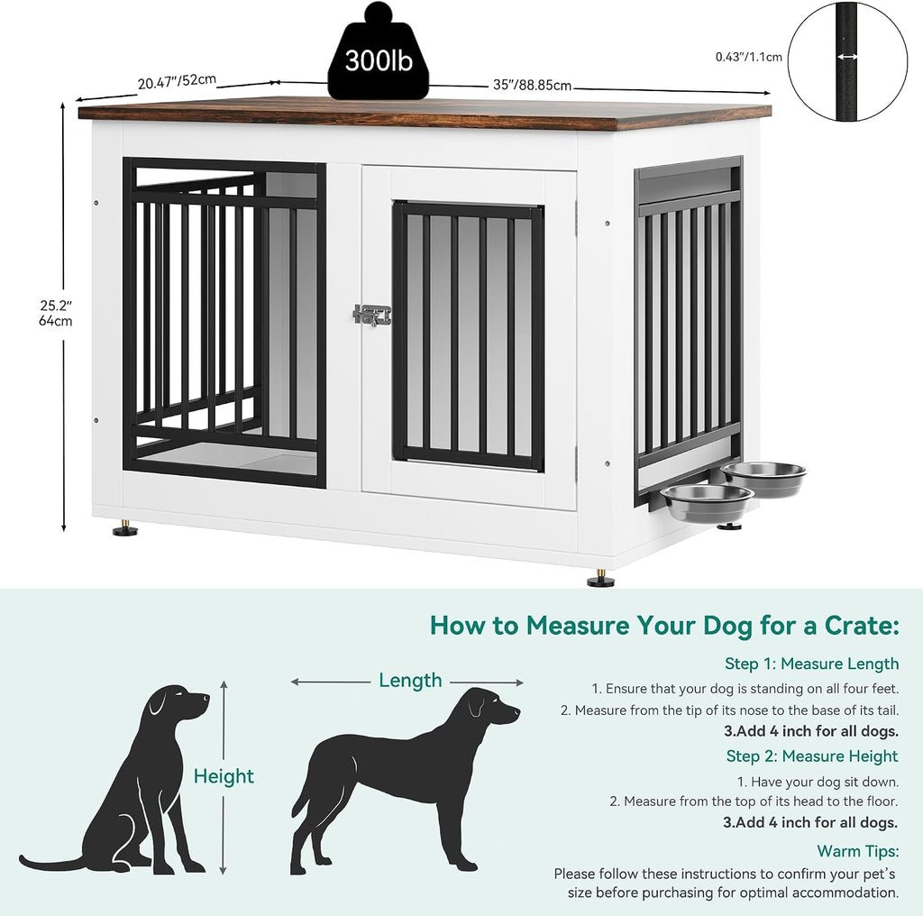 YITAHOME 35' Dog Crate Furniture, Wooden Side End Table with Adjustable Feet and Removable Bowls, Dog Kennel Indoor for Small Medium DogsV
