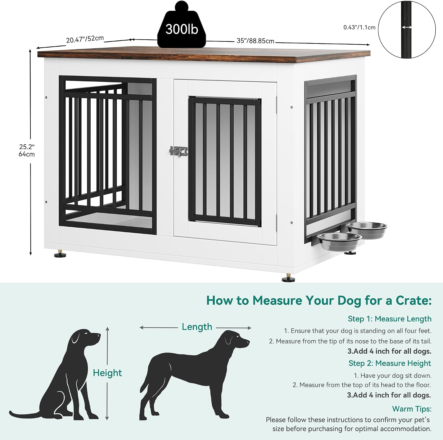 YITAHOME 35' Dog Crate Furniture, Wooden Side End Table with Adjustable Feet and Removable Bowls, Dog Kennel Indoor for Small Medium DogsV