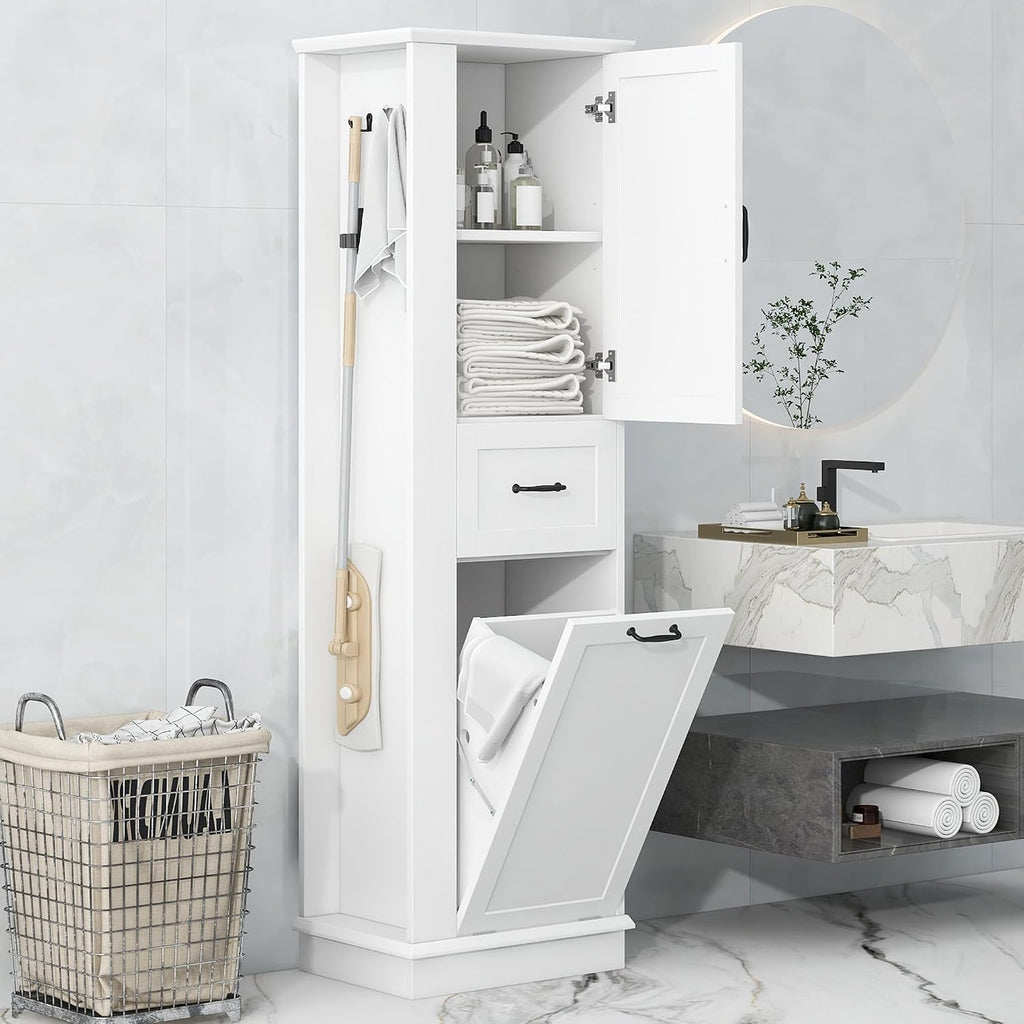 Tall Bathroom Storage Cabinet with Tilt-Out Compartment, Space Saving Bathroom Accent Storage Cabinet with Adjustable Shelves, Modern Freestanding for Home Kitchen, Living room (White Style5)