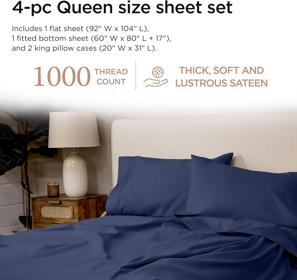 Threadmill Supima Cotton Sheets Queen, 1000 Thread Count Queen Sheets for Queen Mattresses, 4 Piece Luxury Bed Sheets, Sateen Weave Hotel Quality Sheet with Elasticized Deep Pocket, Folkstone Blue