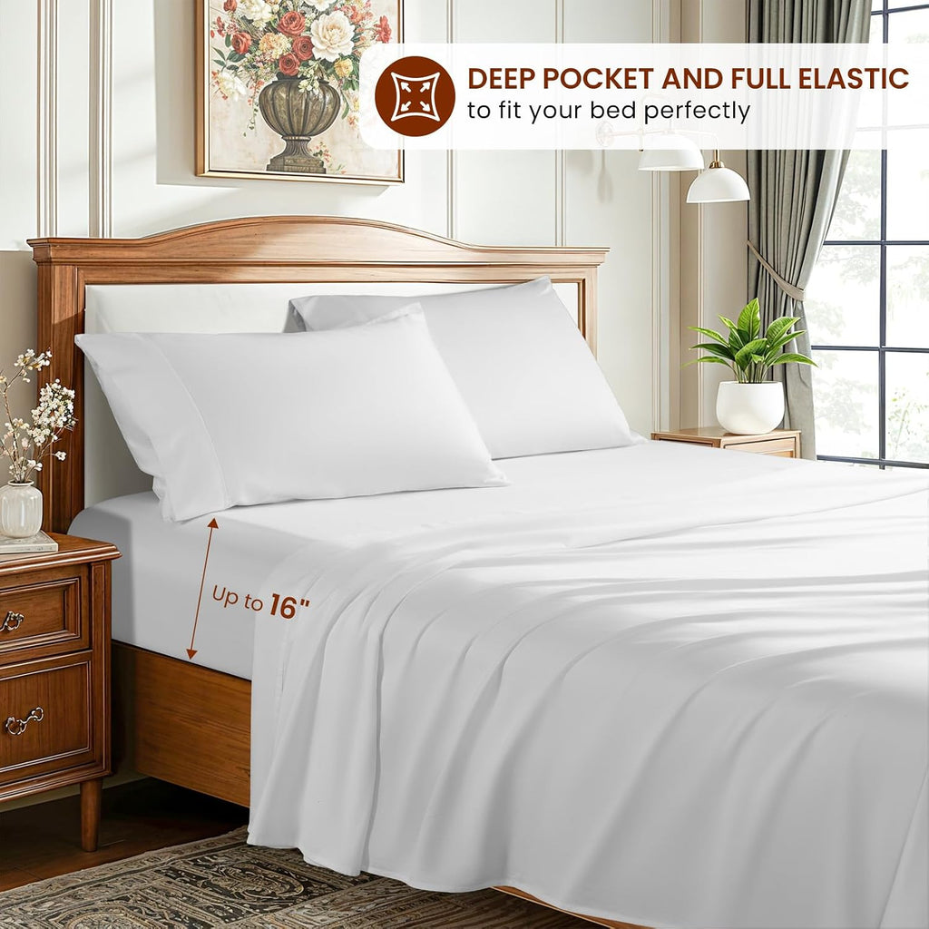 LBRO2M 1500 Thread Count Egyptian Cotton Queen Size Sheet Set (4 Piece, White, Modern Style, Deep Pocket, Fully Elasticized)