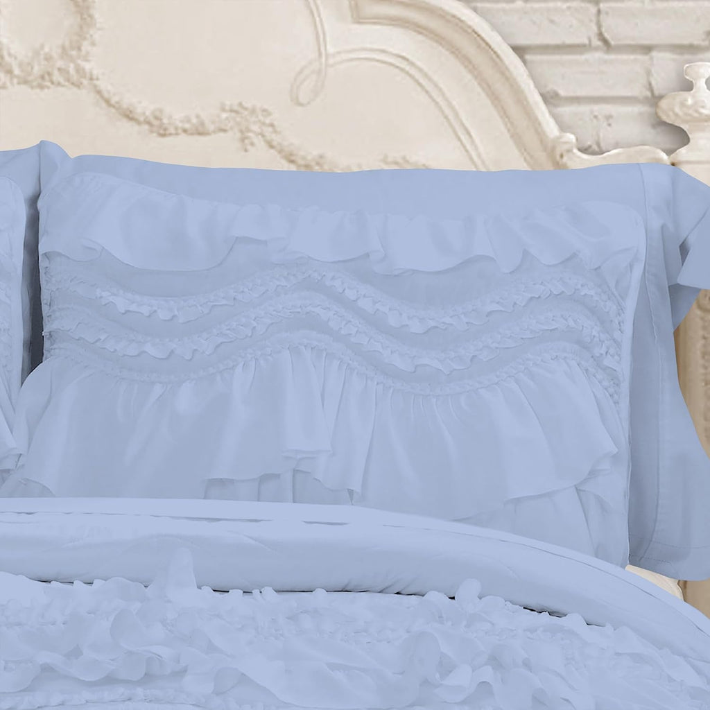 100% Egyptian Cotton, 550 GSM Microfiber Filled Quilt Ruffled Textured 3 Piece Full/Queen Size Comforter Set, Light Blue