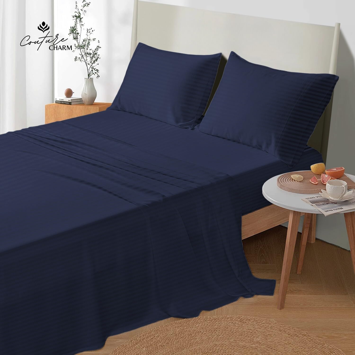 Queen Size 1000 Thread Count 100% Egyptian Cotton Sheet Set, 4-Piece, Sateen Weave, with 10-12' Deep Pocket Snug Fit (Stripe, Navy Blue)