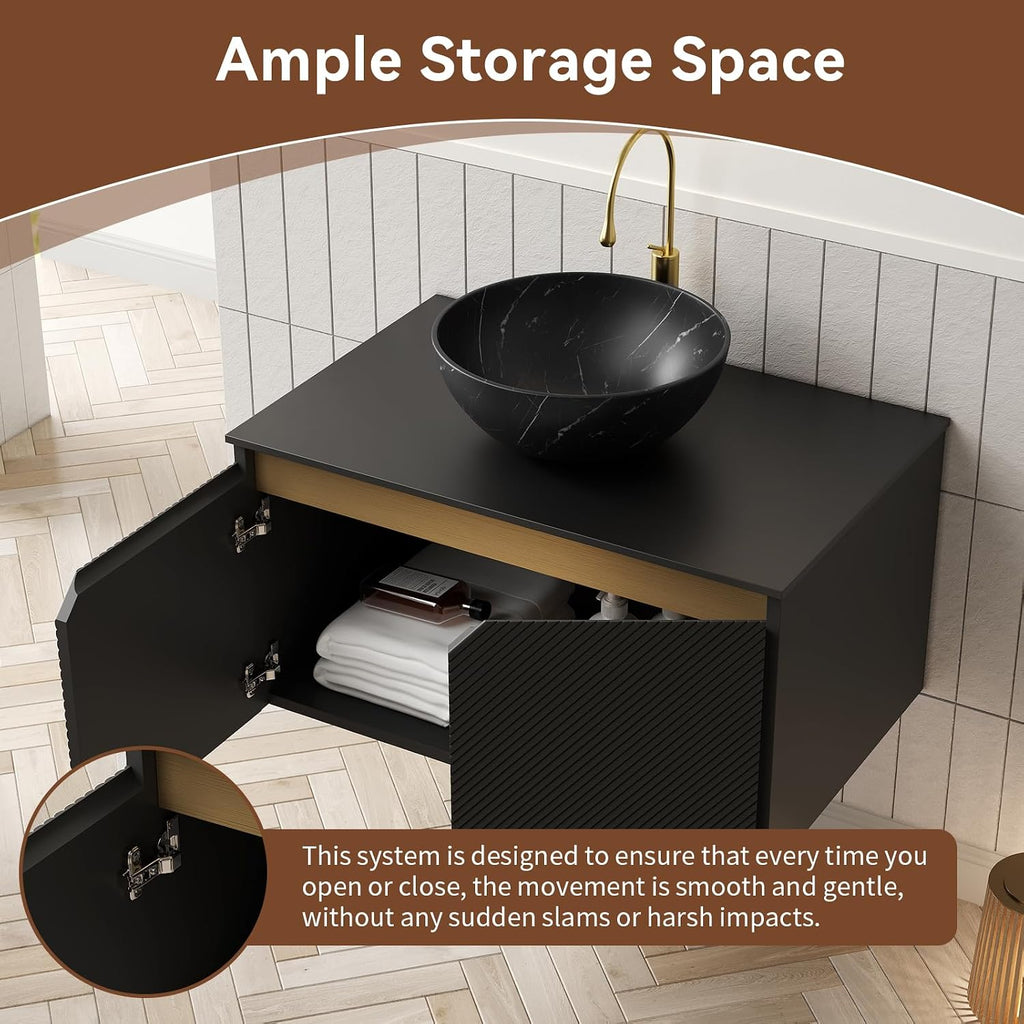30 Inch Bathroom Vanity with Sink, Floating Fluted Vanity with Vessel Sink, Modern Bathroom Vanity Cabinet with 2 Doors, Bowl Vessel Sink & Sintered Stone Top, Black