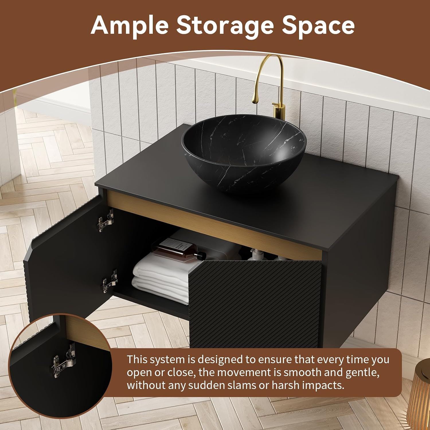 30 Inch Bathroom Vanity with Sink, Floating Fluted Vanity with Vessel Sink, Modern Bathroom Vanity Cabinet with 2 Doors, Bowl Vessel Sink & Sintered Stone Top, Black