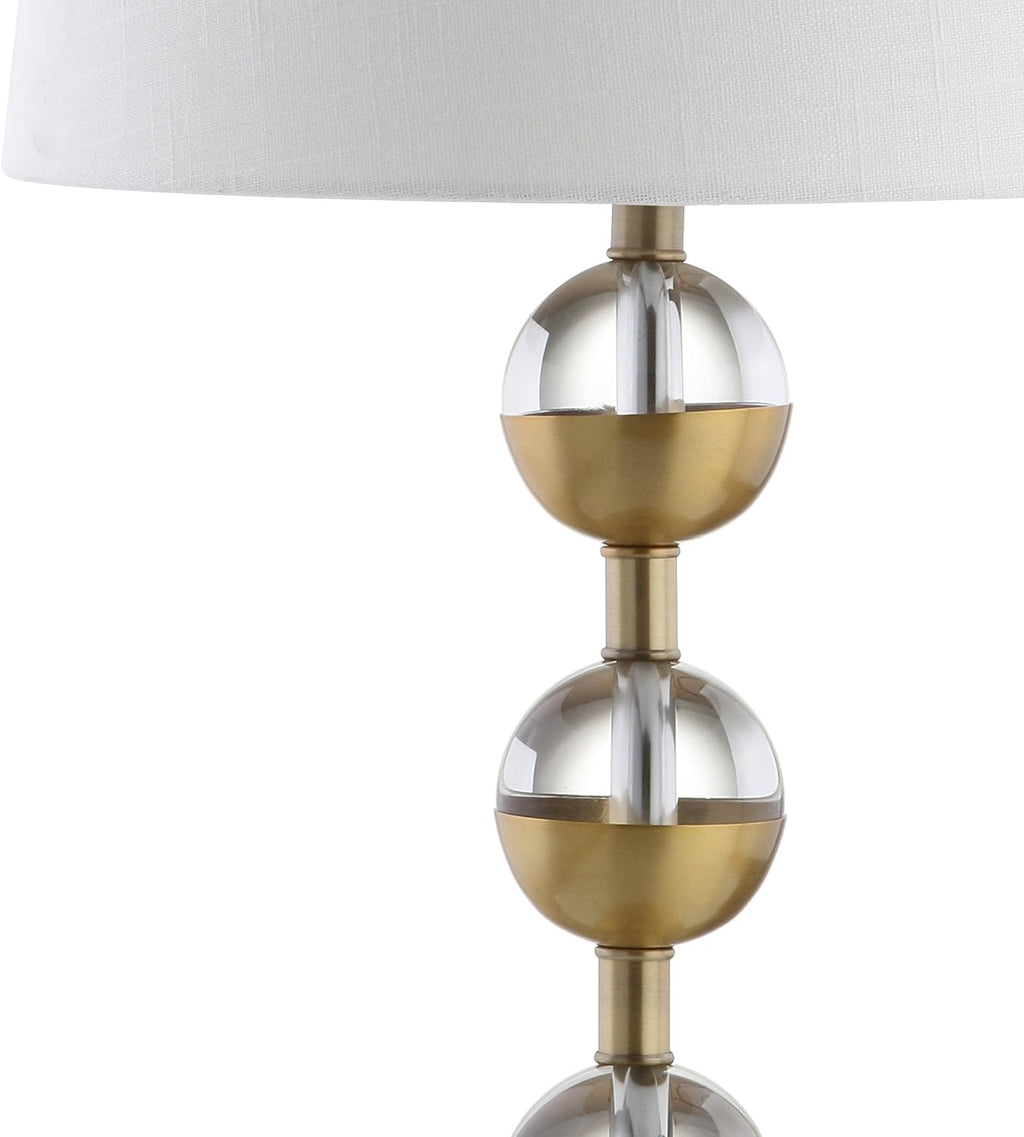 JONATHAN Y 27.5' Clear/Brass Gold Crystal LED Table Lamp Set of 2 for Bedroom, Modern Stacked Sphere Lamps for Living Room, White Linen Drum Shade, LED Bulbs Included JYL2049A-SET2