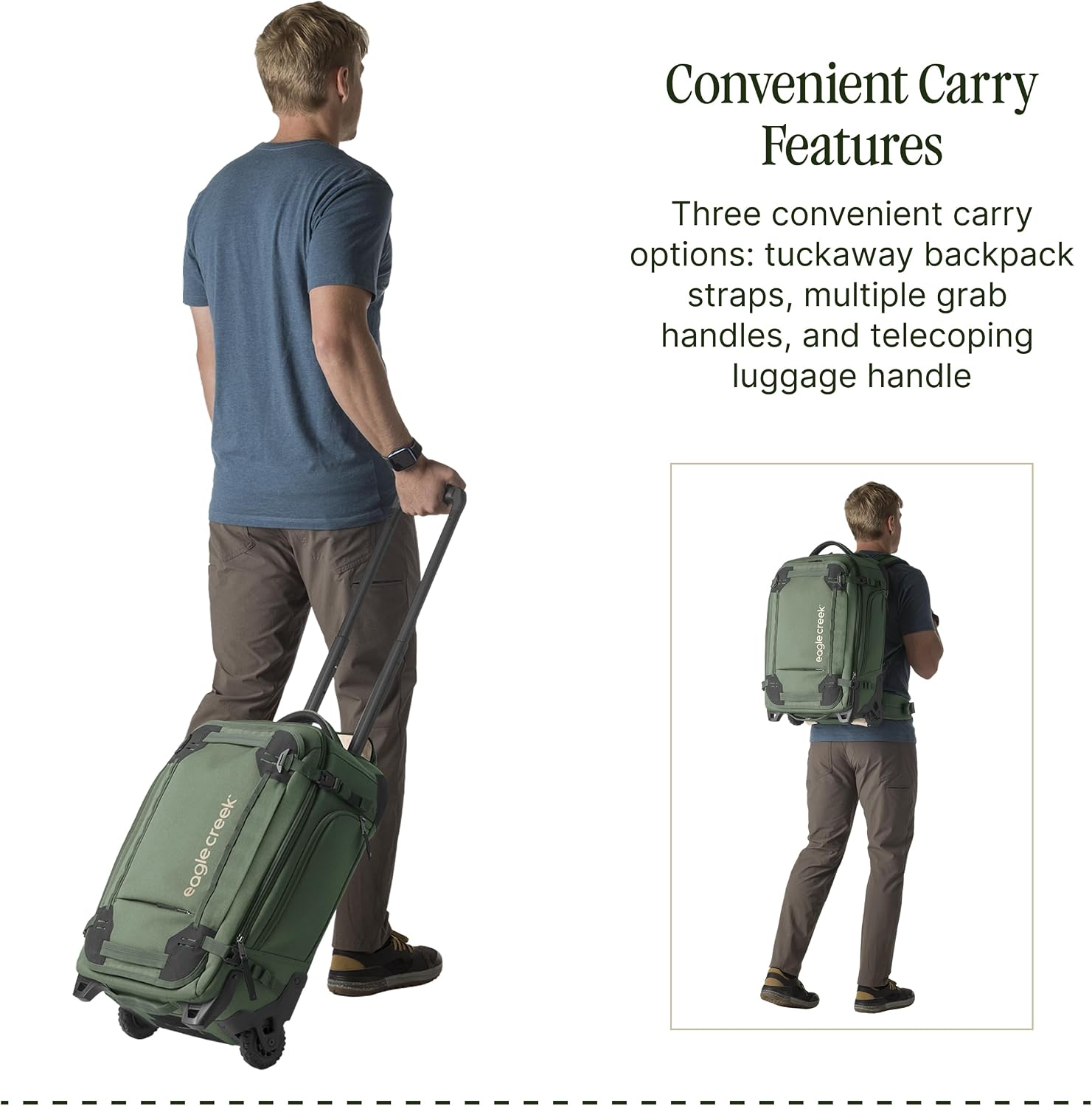 Eagle Creek Gear Warrior XE 2-Wheel Convertible Carry-On Luggage for Travel Essentials - Heavy Duty Wheels - Lockable Zippers - Interior Laptop Sleeve - Jungle Green - 21.75'