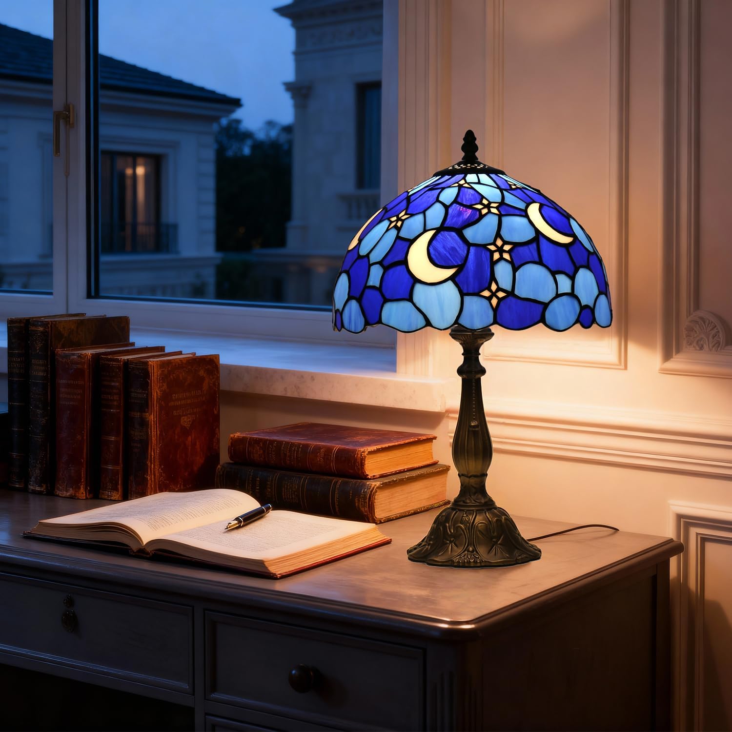 Tiffany Style Table Lamp,Stained Glass Moon Table Lamp,12X12X19 Inch Tiffany Reading Light, Antique Glass Desk Decor Lamp.