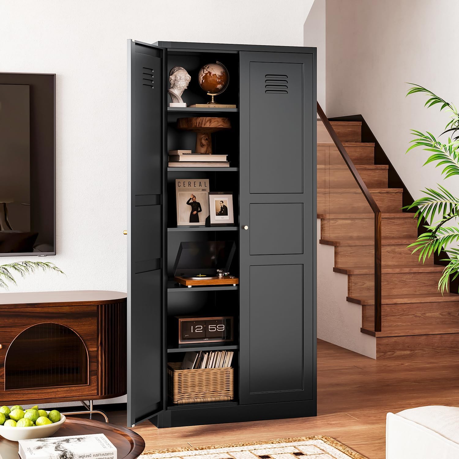 Letaya Black Storage Cabinet with Adjustable Shelves-Metal Home Kitchen Pantry Cabinets with Doors,Organization Locker for Cupboard/Bedroom/Dining/Living/Bathroom/Office/Garage Room