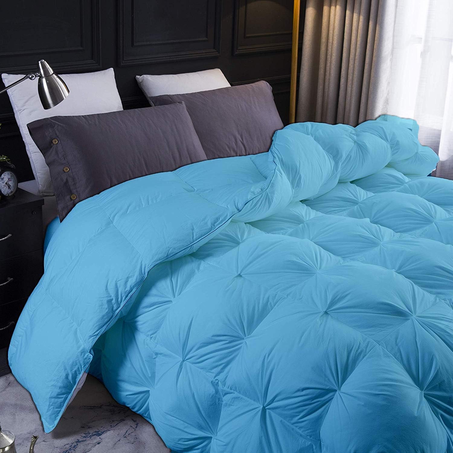 Light Blue All Season Down Pin-Tuck Comforter- Oversized Queen Size 98 x 98 Inches 1 pc Pinch Pleated Comforter 600 GSM & 4-Corner Tab's 100% Egyptian Cotton- Hotel Light Blue Solid