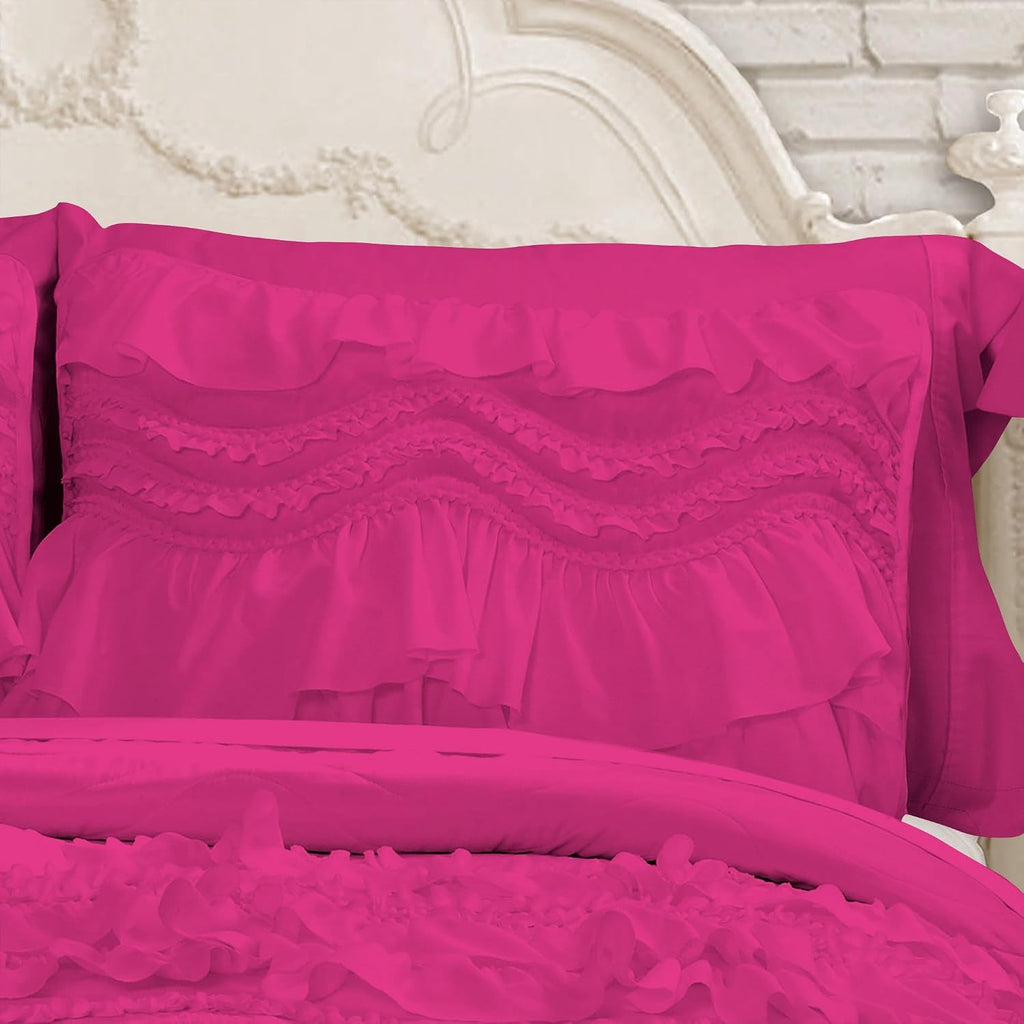 100% Egyptian Cotton, 550 GSM Microfiber Filled Quilt Ruffled Textured 3 Piece Full/Queen Size Comforter Set, Hot Pink