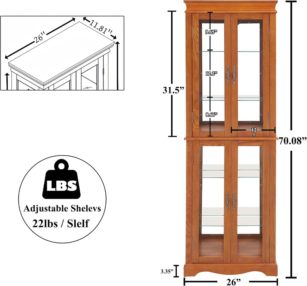 70' H Lighted Curio Cabinet Display Case, Glass Curio Cabinets with Adjustable Shelves and Tempered Glass Door, Wooden Cabinet w/Mirrored Back Pane for Living Room (Oak)