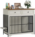 QUW 42' Modern Dog Crate Furniture, Wooden Dog Kennel for Medium to Large with 360° Rotating & 3-Levels Adjustable Height Dogs Bowl Holder, Decorative Dogs cage Pet House Indoor, Antique White
